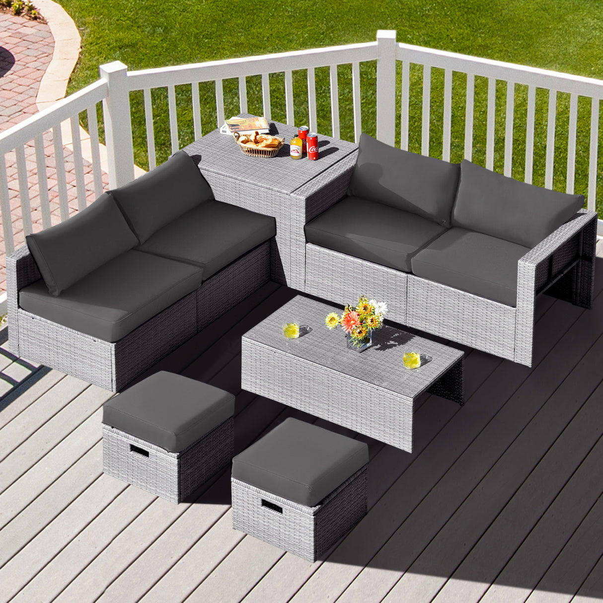 8 Pieces Patio Rattan Furniture Set with Storage Waterproof Cover and Cushion-Black