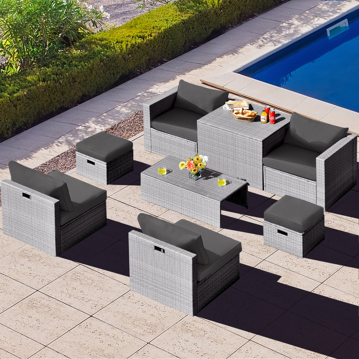 8 Pieces Patio Rattan Furniture Set with Storage Waterproof Cover and Cushion-Black