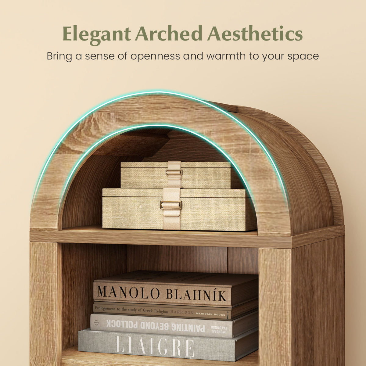 8-Tier Modern Arch Bookshelf with 3 Adjustable Shelves-Natural