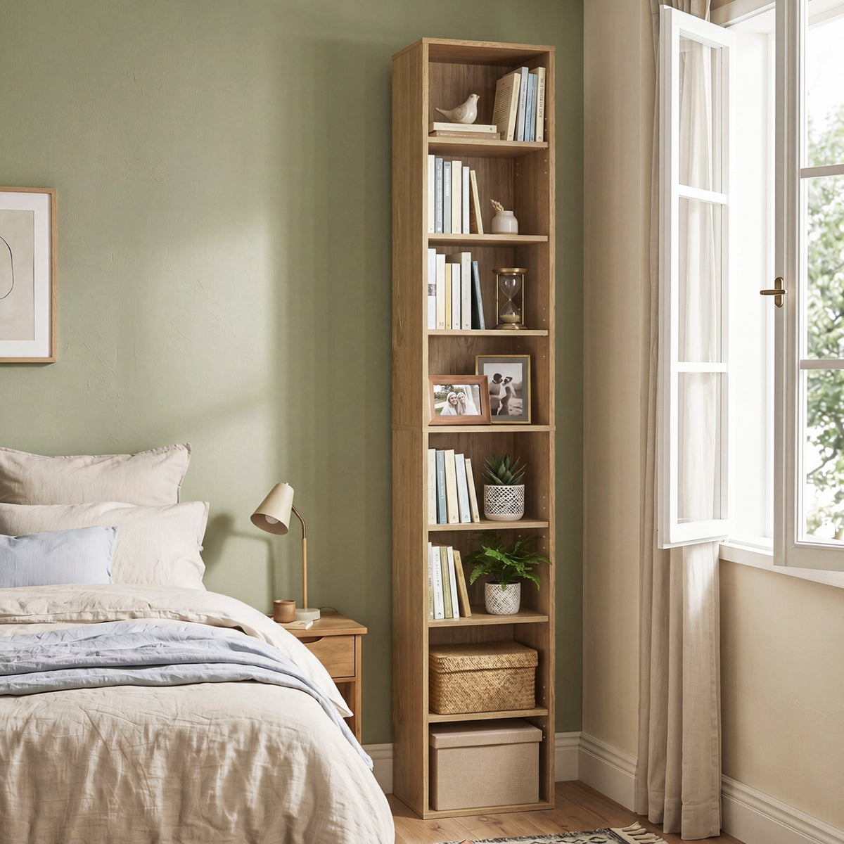 8-Tier Narrow Bookshelf with 4 Adjustable Shelves and Storage Cubes-Natural
