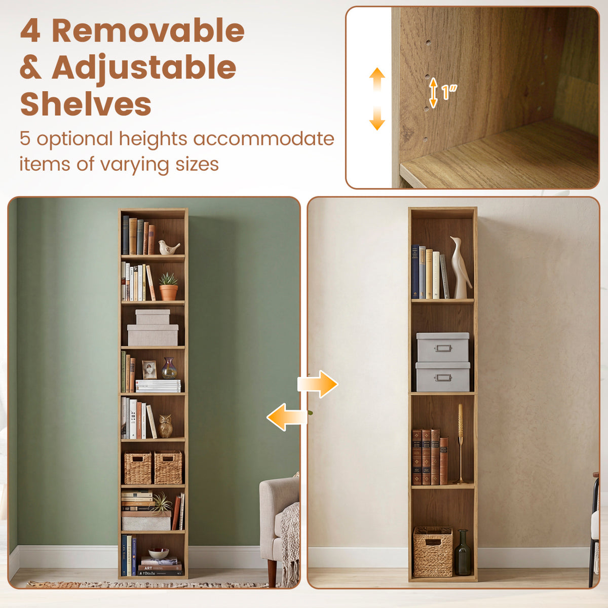 8-Tier Narrow Bookshelf with 4 Adjustable Shelves and Storage Cubes-Natural