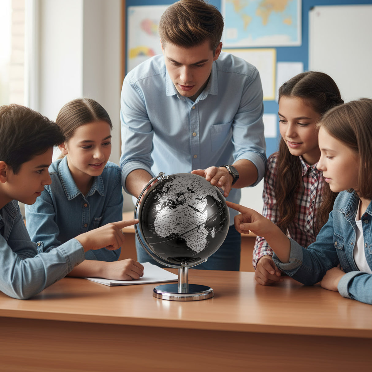 8" World Globe Modern Decorative Tabletop Earth Globe-Silver