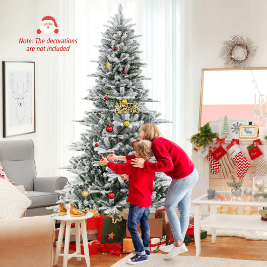 8 Feet Snow Flocked Artificial Christmas Tree with Cool White LED Lights