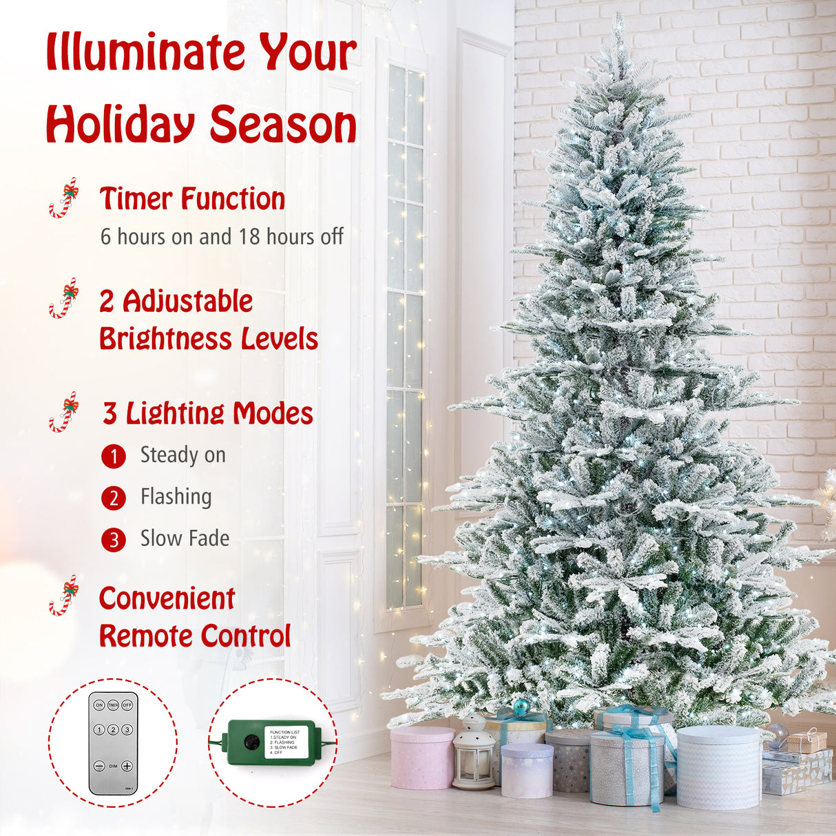 8 Feet Snow Flocked Artificial Christmas Tree with Cool White LED Lights