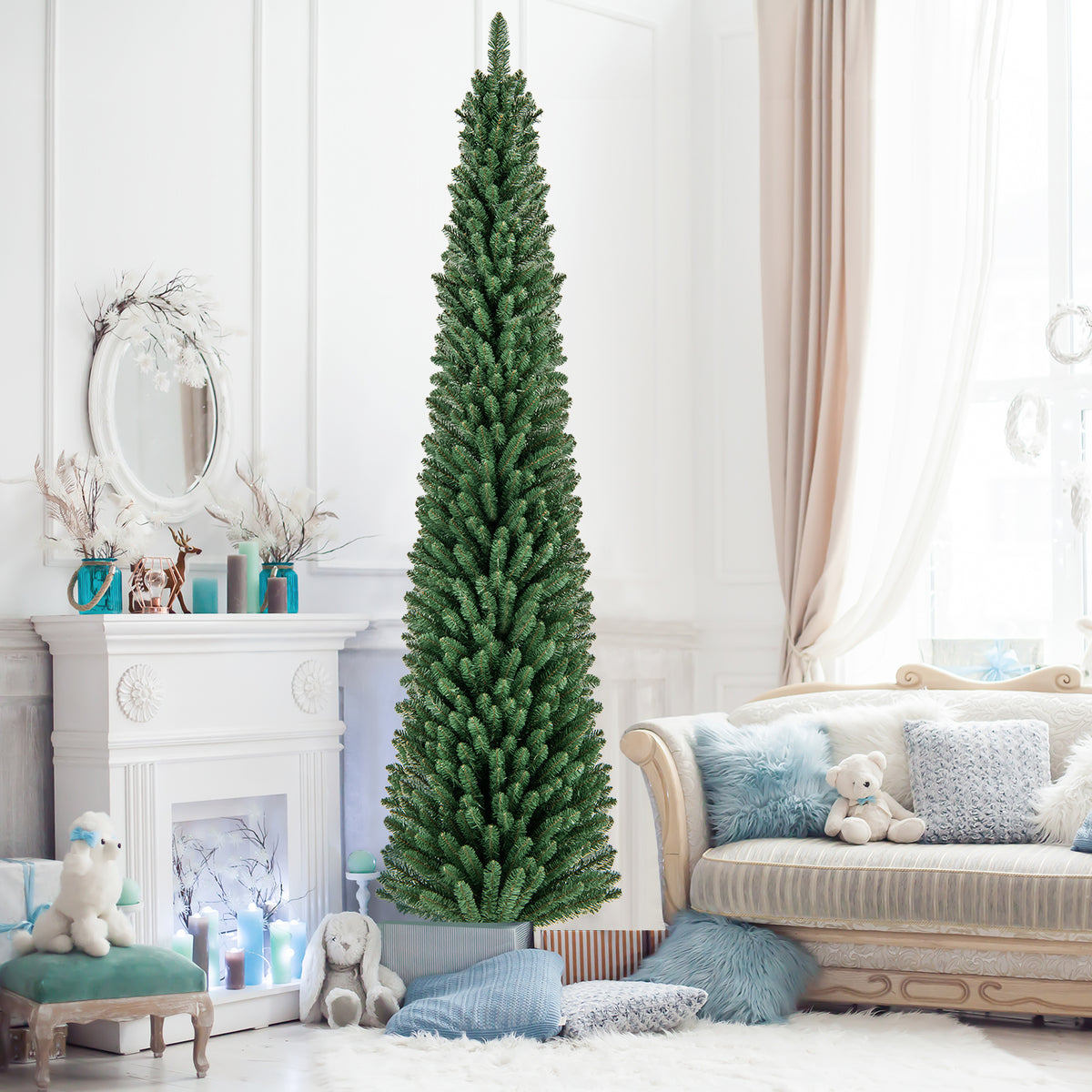 5/6/7/8 Feet Pencil Christmas Tree with 295/392/523/671 Memory Wire Branch Tips and Upgraded Metal Stand-8 ft