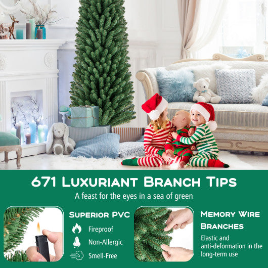 5/6/7/8 Feet Pencil Christmas Tree with 295/392/523/671 Memory Wire Branch Tips and Upgraded Metal Stand-8 ft