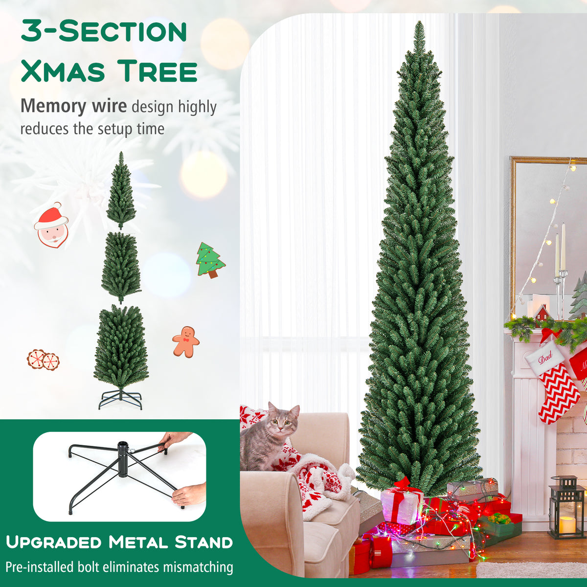 5/6/7/8 Feet Pencil Christmas Tree with 295/392/523/671 Memory Wire Branch Tips and Upgraded Metal Stand-8 ft