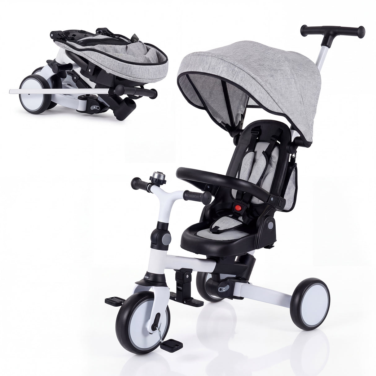 8-in-1 Folding Kids Tricycle with Removable Canopy and Push Handle-Gray