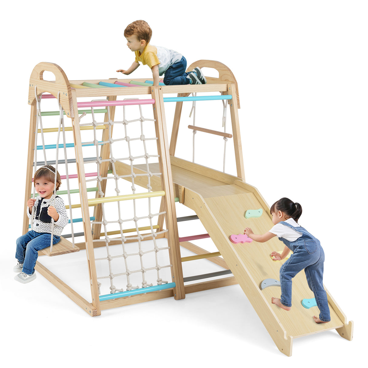 8-in-1 Jungle Gym Wooden Montessori Climber Playset with Slide and Monkey Bar for Kids 3-5 Years Old-Multicolor