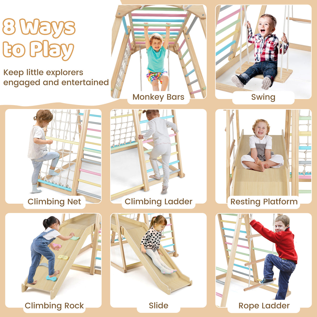 8-in-1 Jungle Gym Wooden Montessori Climber Playset with Slide and Monkey Bar for Kids 3-5 Years Old-Multicolor