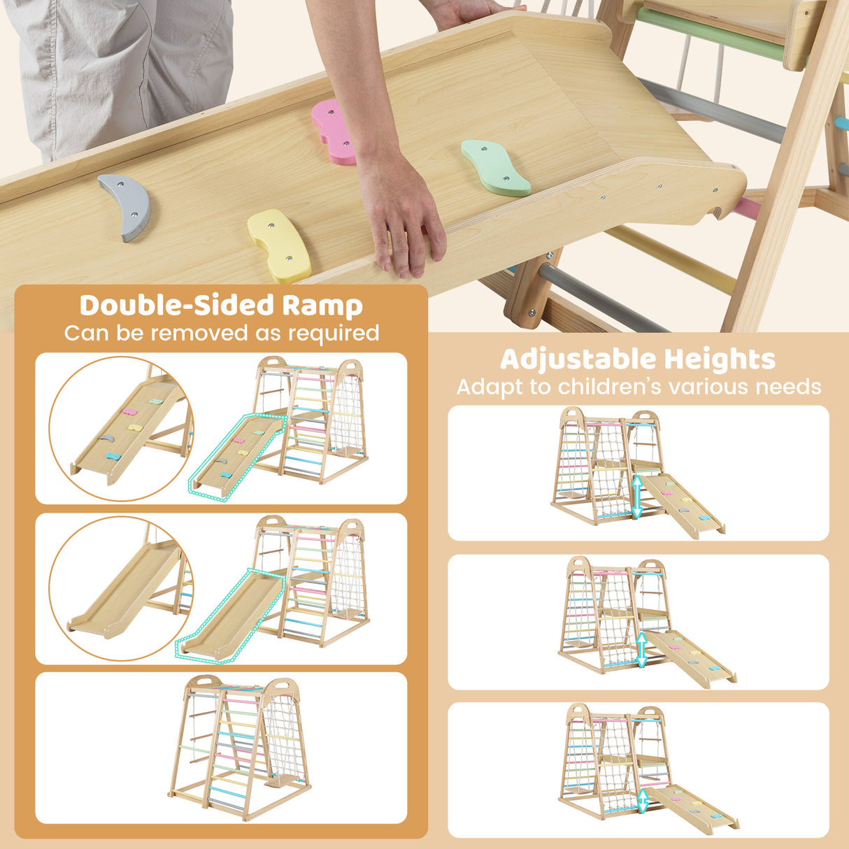 8-in-1 Jungle Gym Wooden Montessori Climber Playset with Slide and Monkey Bar for Kids 3-5 Years Old-Multicolor
