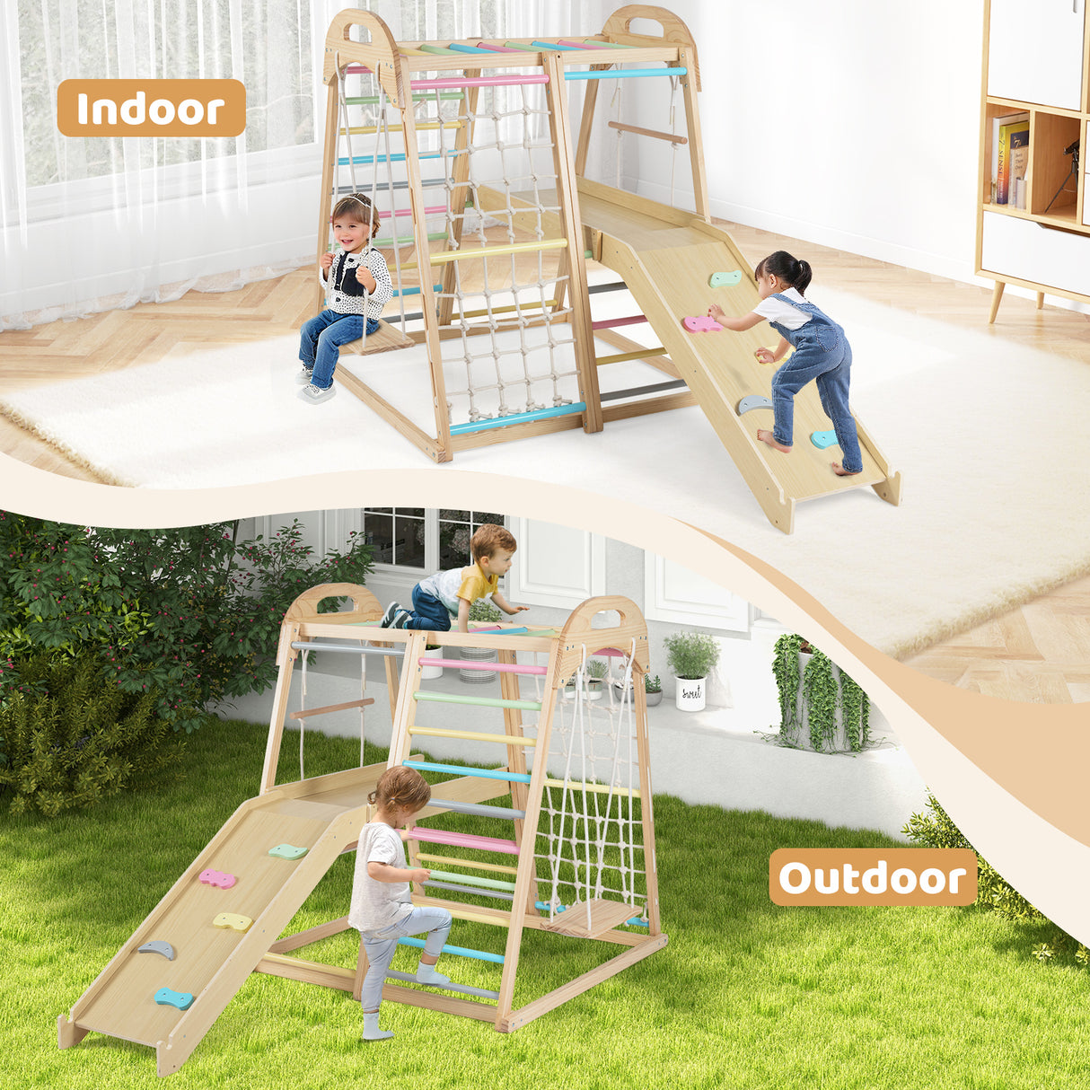 8-in-1 Jungle Gym Wooden Montessori Climber Playset with Slide and Monkey Bar for Kids 3-5 Years Old-Multicolor