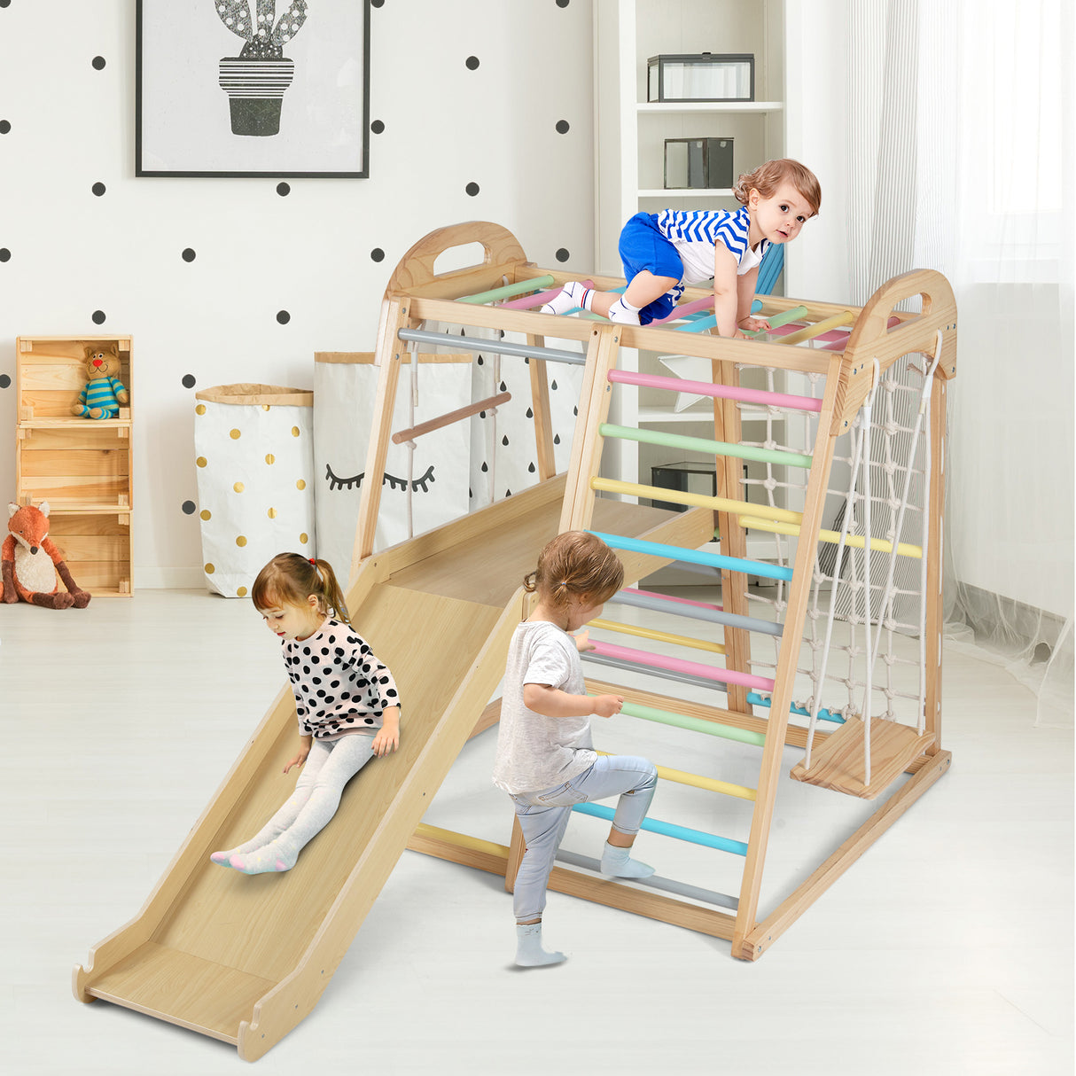 8-in-1 Jungle Gym Wooden Montessori Climber Playset with Slide and Monkey Bar for Kids 3-5 Years Old-Multicolor