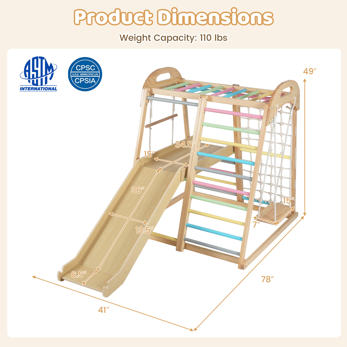 8-in-1 Jungle Gym Wooden Montessori Climber Playset with Slide and Monkey Bar for Kids 3-5 Years Old-Multicolor
