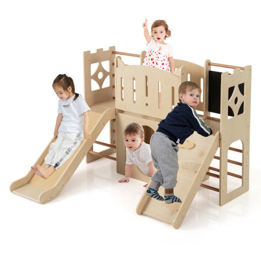 8-in-1 Toddler Slide Wooden Indoor Playground with Climber and Chalkboard-Natural