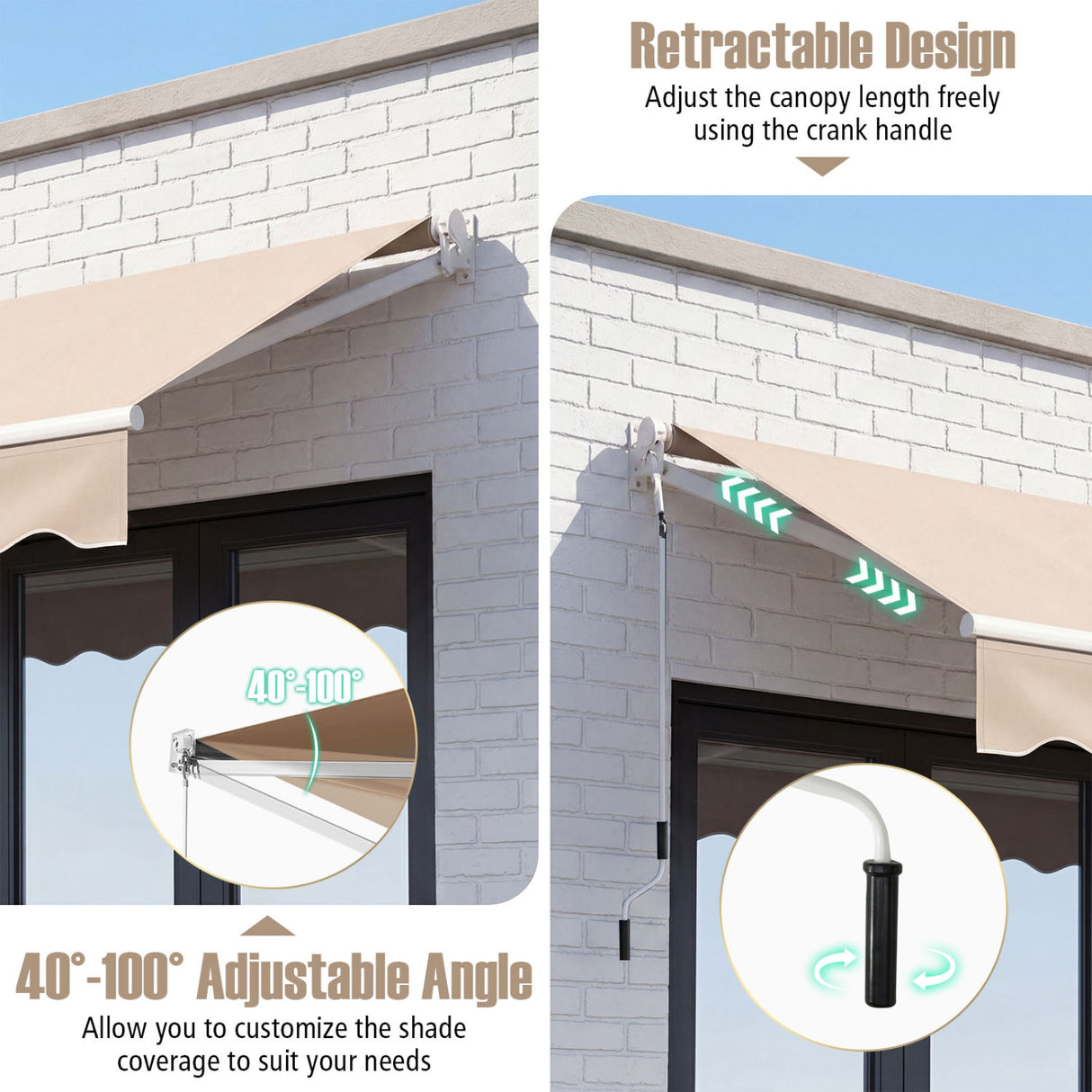 8 x 6.6 Feet Patio Retractable Awning with Manual Crank Handle-Beige