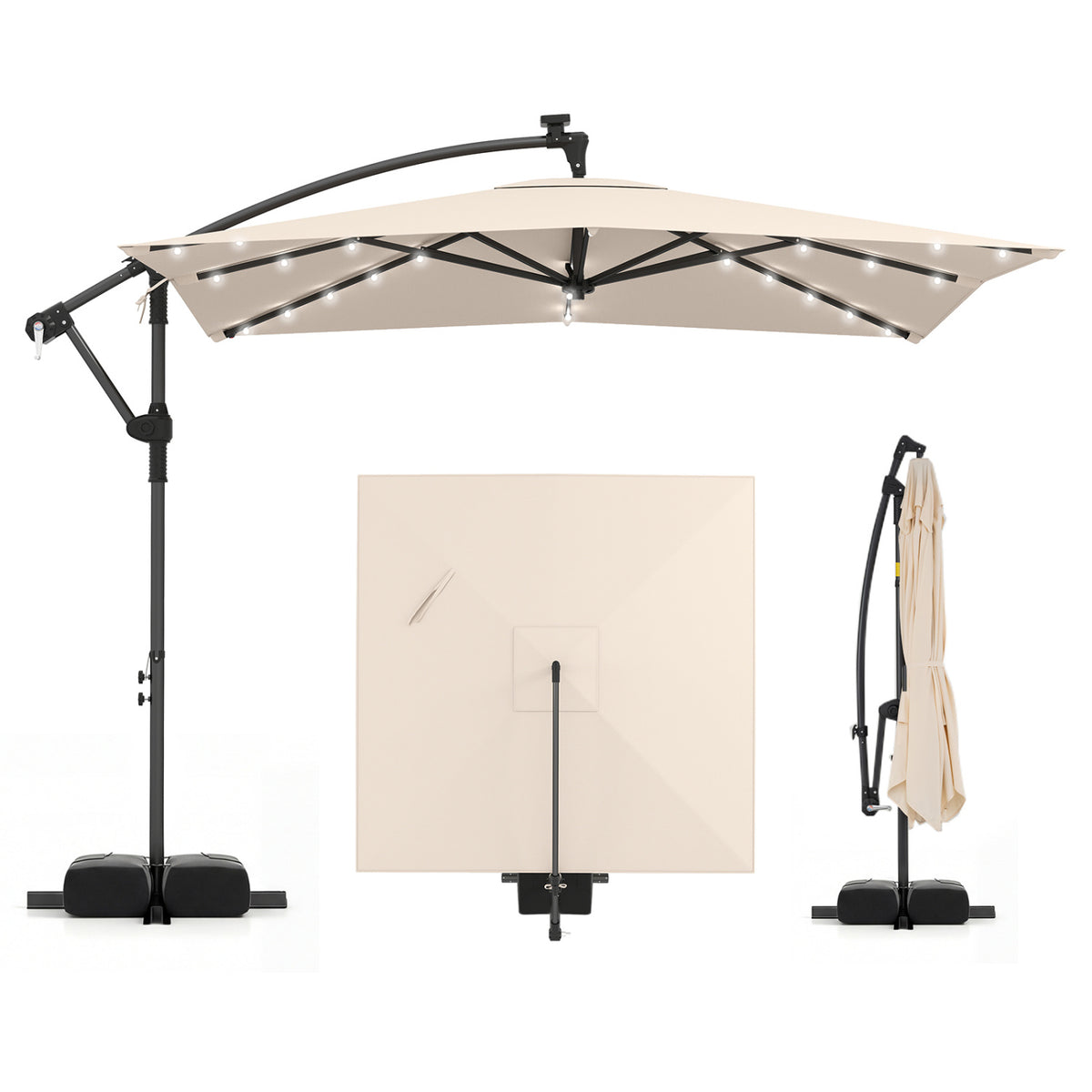8 x 8 Square FT Solar LED Offset Cantilever Patio Umbrella with 360° Rotation-Beige
