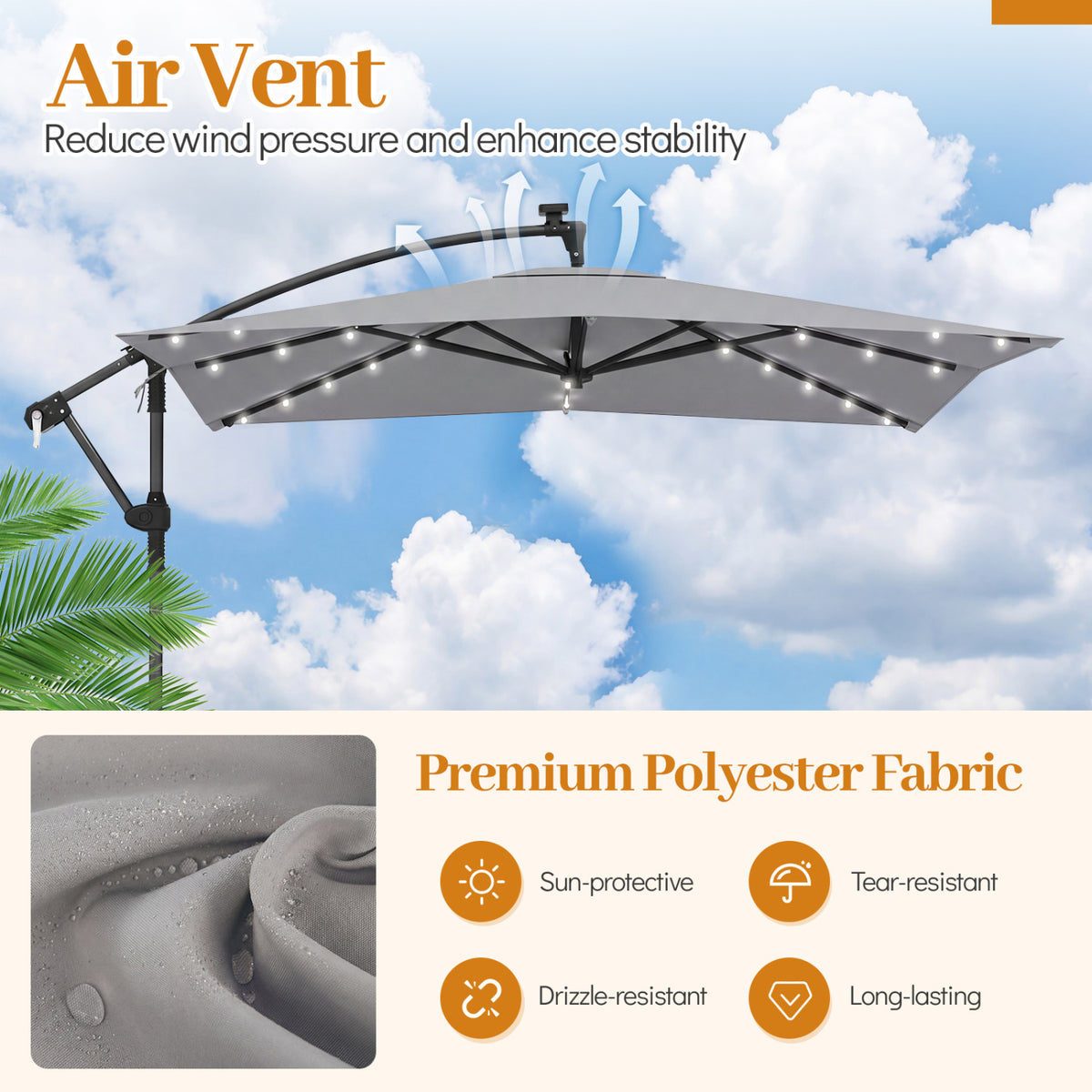 8 x 8 Square FT Solar LED Offset Cantilever Patio Umbrella with 360° Rotation-Gray