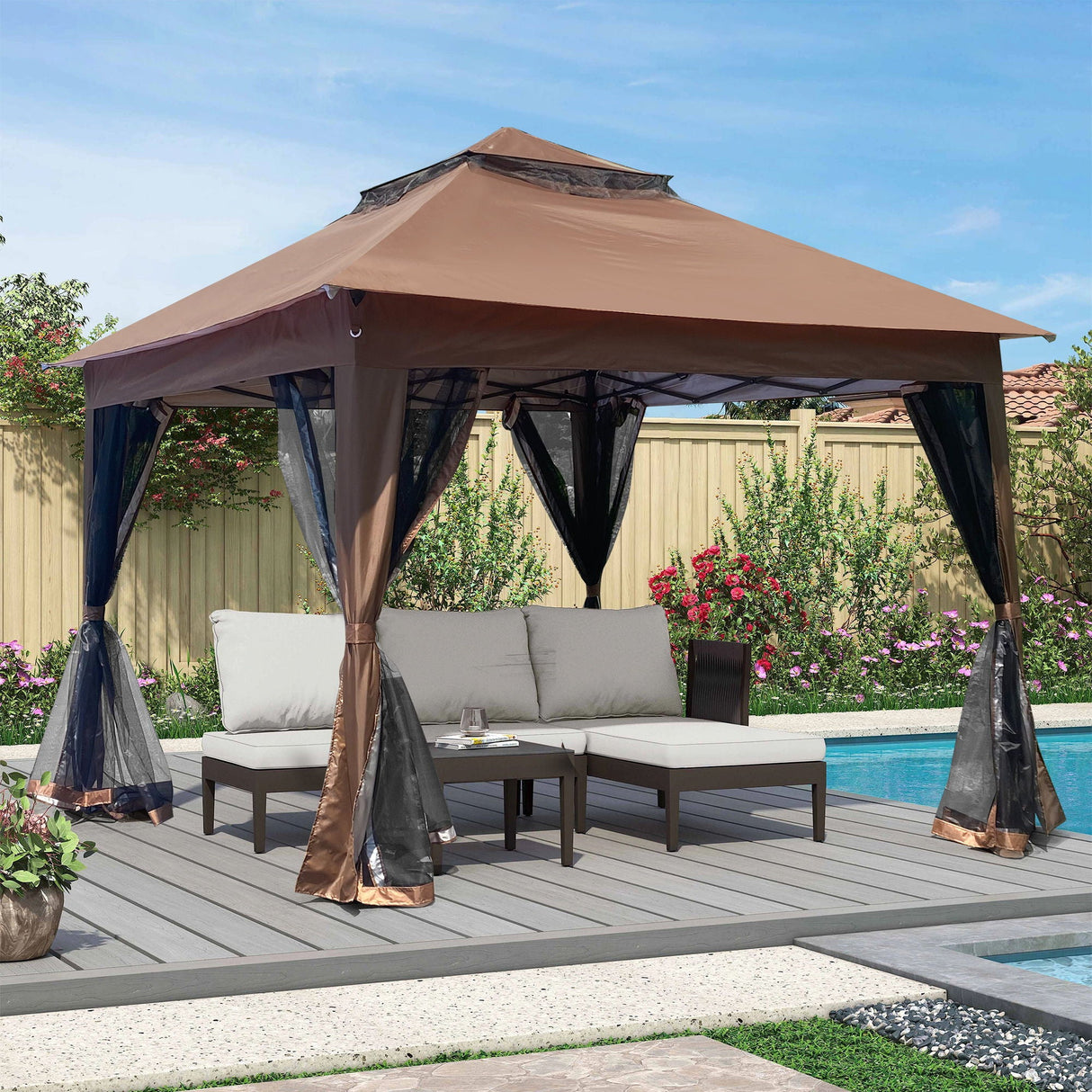 Outdoor 11X 11Ft Pop Up Gazebo Canopy With Removable Zipper Netting, 2 Tier Soft Top Event Tent, Suitable For Patio Backyard Garden Camping Area With 4 Sandbags - Brown by Couch.com