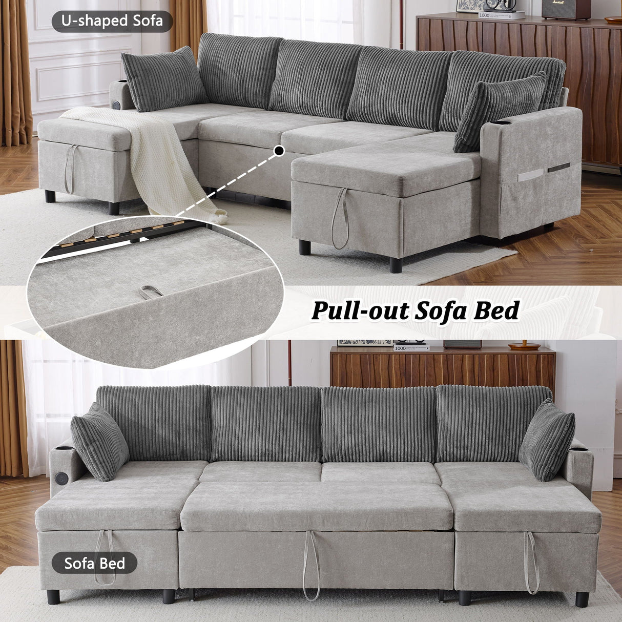 Sectional Sofa Pull Out Sofa Bed Versatile Sofa Sleeper With Large Storage Space, Two USB Ports And Two Cup Holders For Living Room by Couch.com