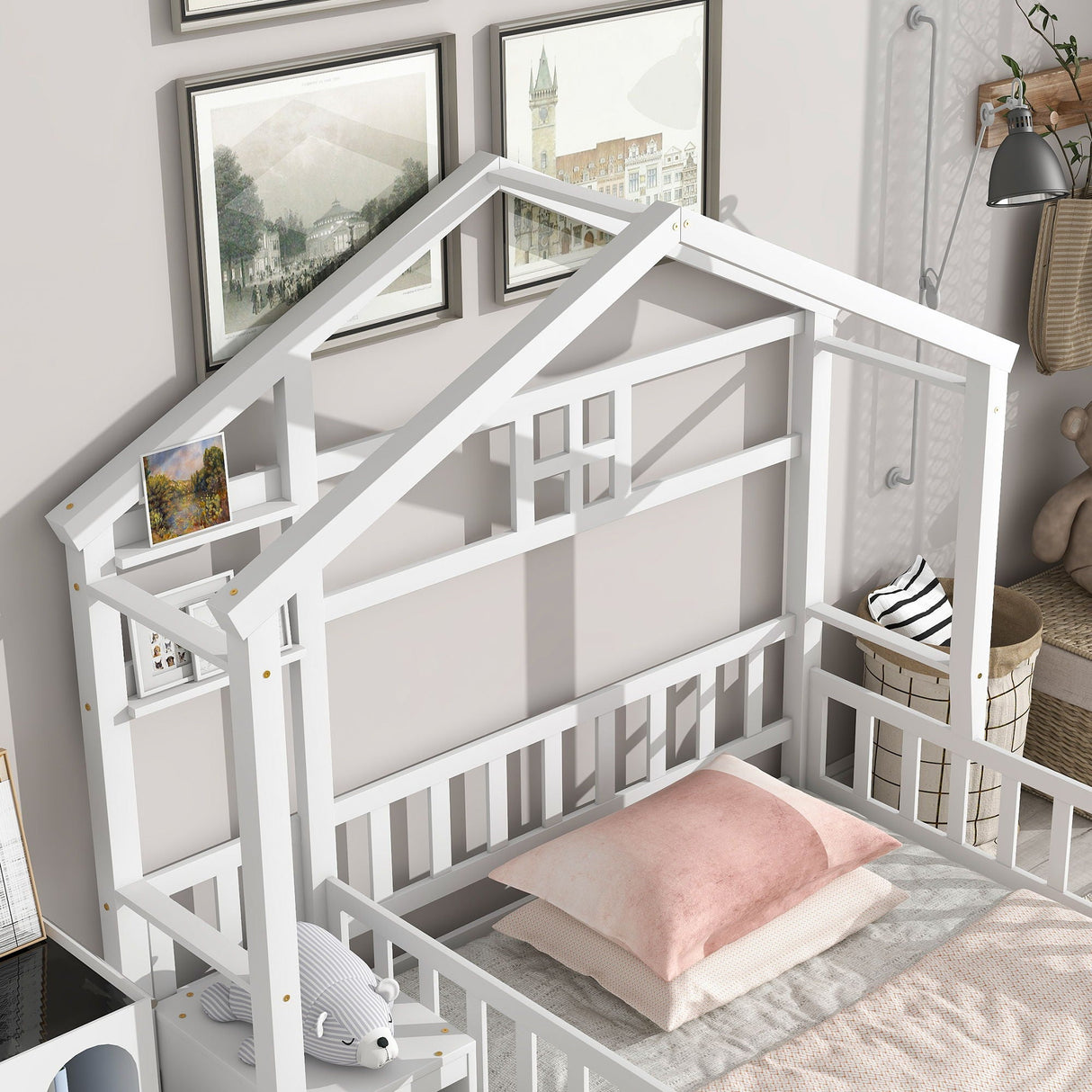 House-Style Headboard Floor Bed With Fence Guardrails Without Cushion by Couch.com