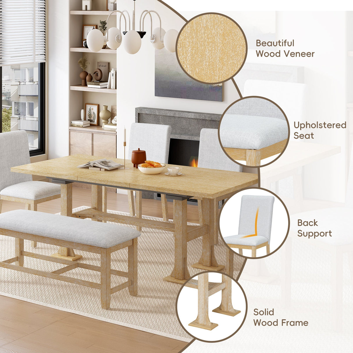 Artisanal 6-Piece Extendable Solid Wood Dining Set with Bench Seating