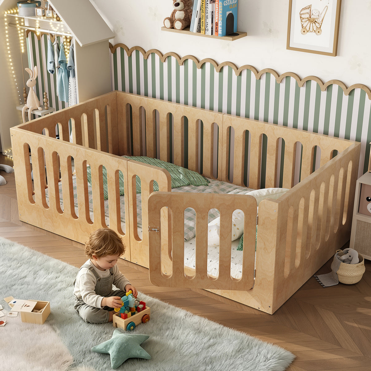 Twin Size Floor Bed with High Fence for Kids, Solid Wood Kids Montessori Bed with Door, low-profile and No Box Spring Needed, Natural