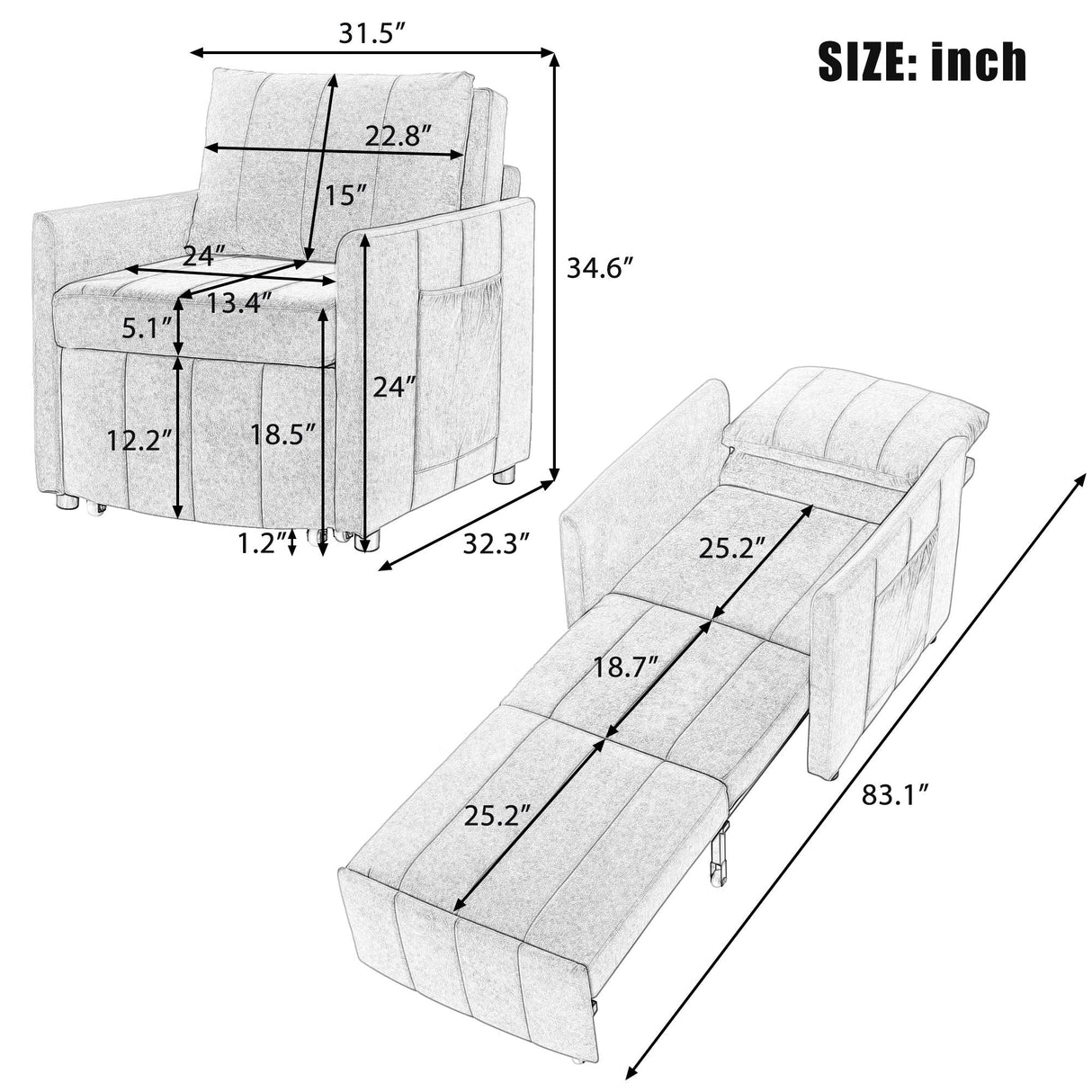 Upholstered Convertible Sleeper Sofa With 5 Position Backrest, Side Pockets, Storage by Couch.com