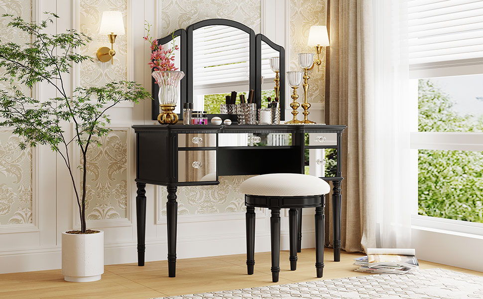 Dressing Table Set With Mirrored Drawers And Stool, Tri-Fold Mirror, Makeup Vanity Set For Bedroom by Couch.com
