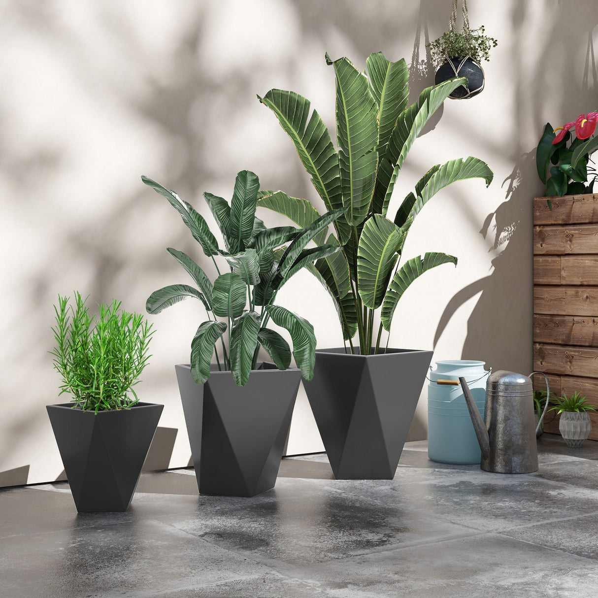 Outsunny - 18", 15.25", 11.75" Tall Planters (Set of 3), Indoor Outdoor Planters With Drainage Holes, Stackable Flower Pots For Garden, Patio, Balcony, Front Door - Gray by Couch.com
