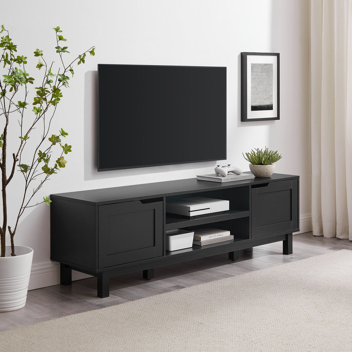Modern 2 Door Open Storage TV Stand For TVs Up To 65" - Solid Black by Couch.com