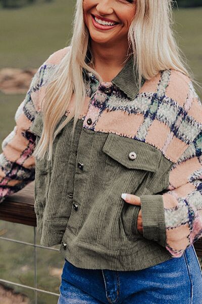 Plaid Corduroy Flap Pockets Button Up Jacket Trendy Outerwear With Classic Flap Pockets For Casual Comfort