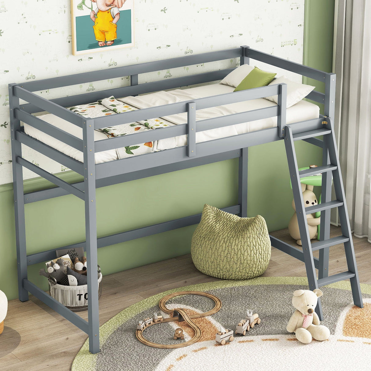 High Loft Bed With Inclined Ladder, Guardrails by Couch.com