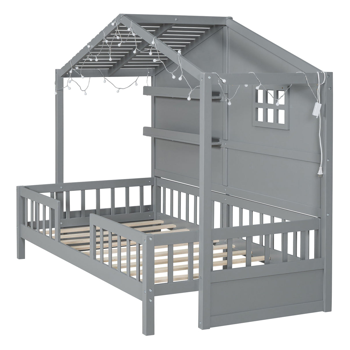 House Bed With Shelves, Window And Sparkling Light Strip On The Roof by Couch.com