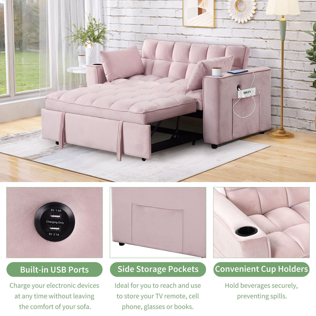 Multi Functional Sofa Bed With Cup Holder And USB Port For Living Room Or Apartments by Couch.com
