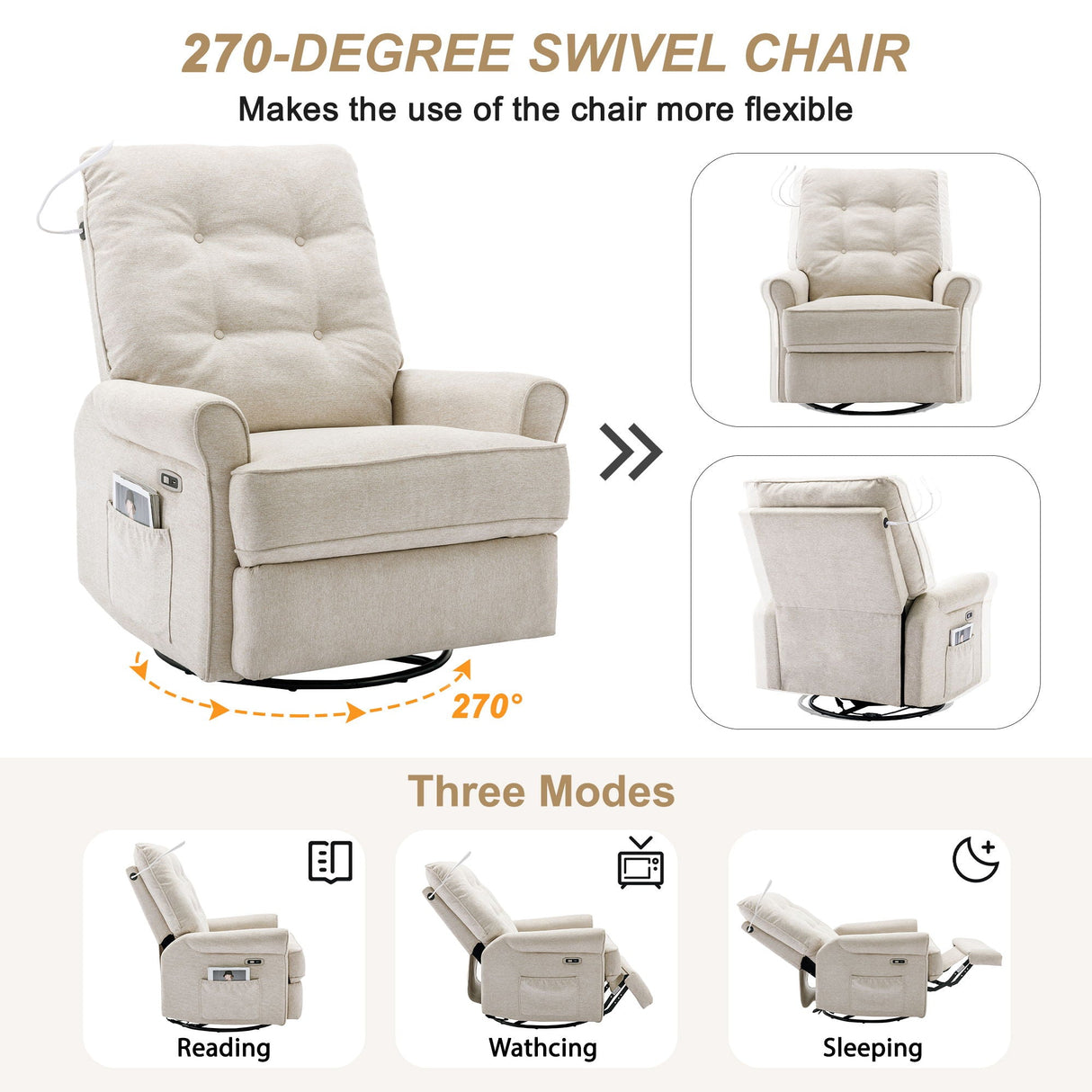 Reclining Chair 270 Degree Swivel Recliner Chairs With USB Port, Side Pocket And Touch Sensitive Lamp For Living Room, Bedroom by Couch.com