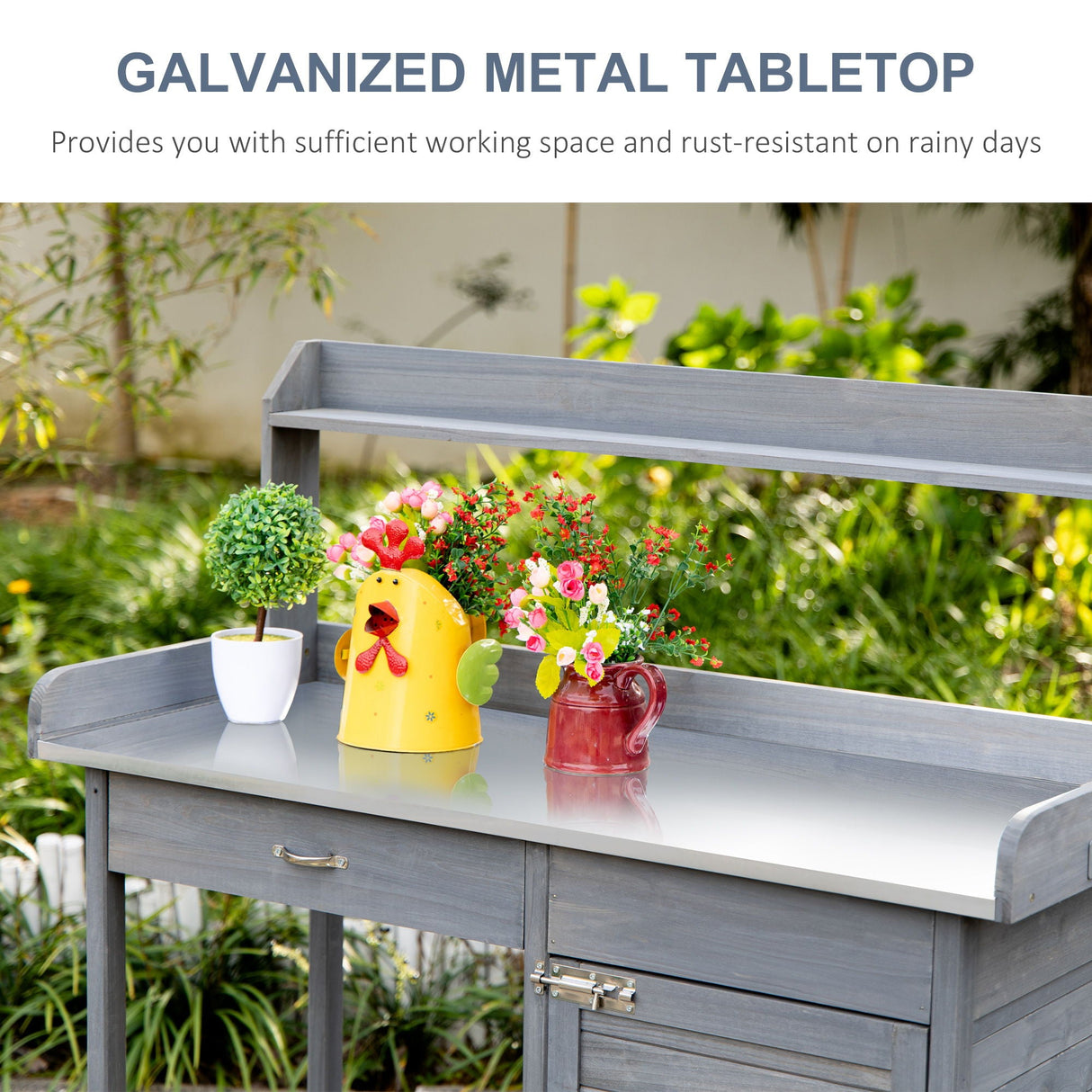 Outsunny - Outdoor Potting Bench Table, Garden Work Station With Storage Cabinet, Open Shelf And Steel Tabletop - Gray by Couch.com