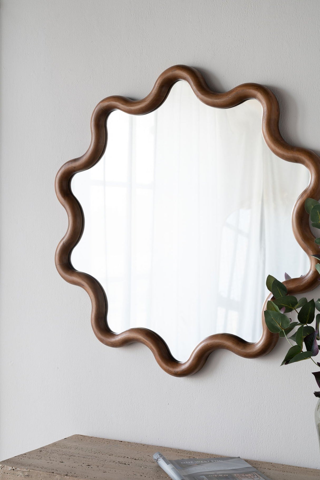 Wooden Accent Mirror With Unique Frame, Wall Mirror For Living Room Bedroom Entryway - Brown by Couch.com