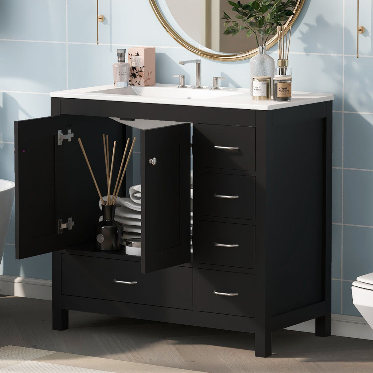 Bathroom Vanity With Ceramic Sink Combo, Abundant Storage Cabinet -2 Soft-Close Doors And 5 Drawers by Couch.com