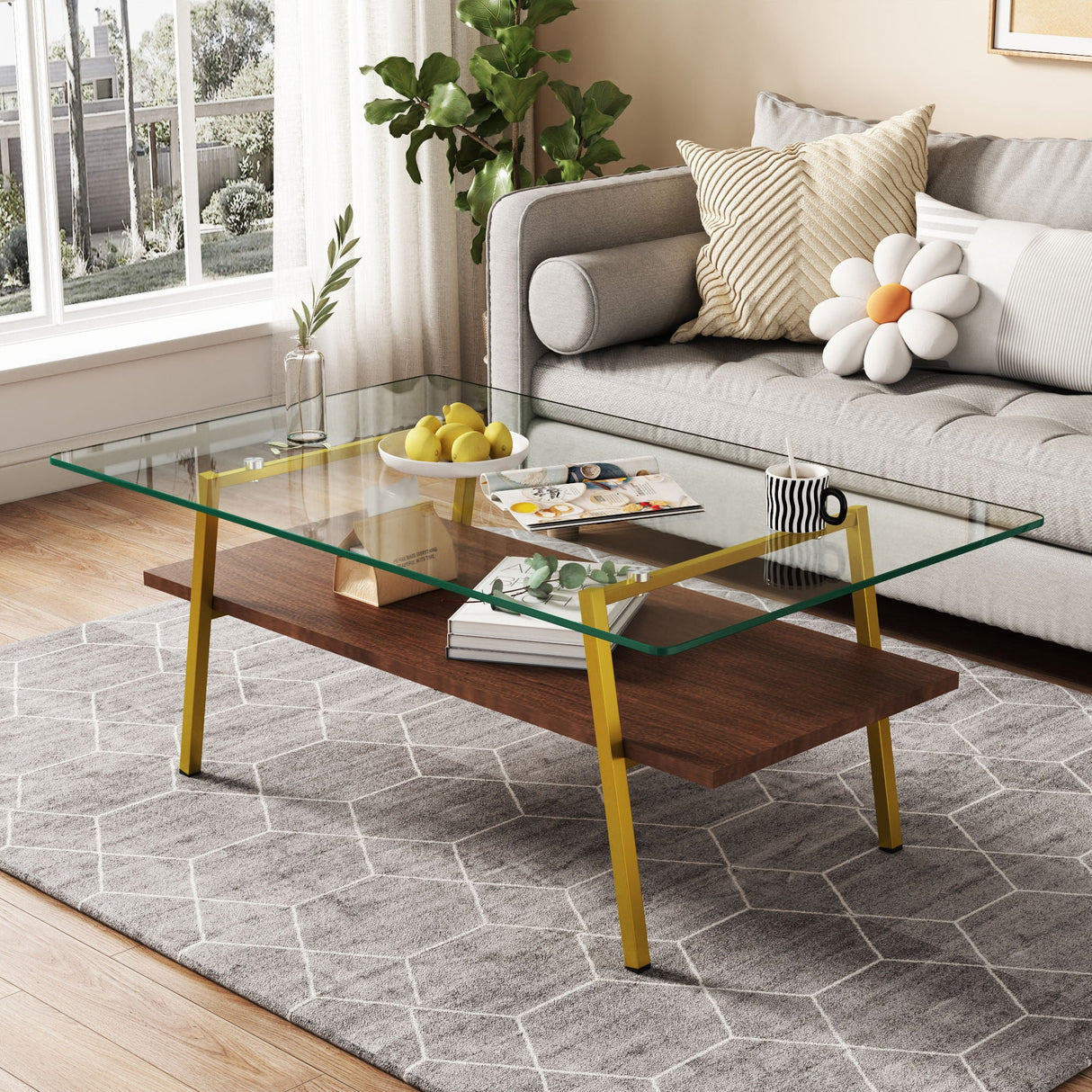 Rectangle Coffee Table, Tempered Glass Tabletop With Metal Legs, Modern Table For Living Room by Couch.com