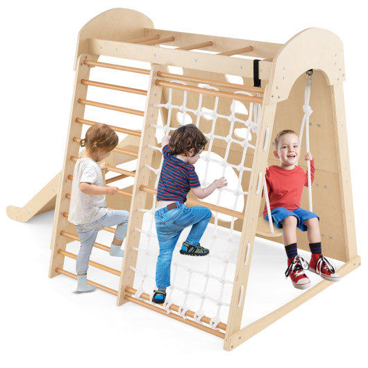 8-in-1 Indoor Jungle Gym Wooden Playground with Swing and Climbing Wall-Natural