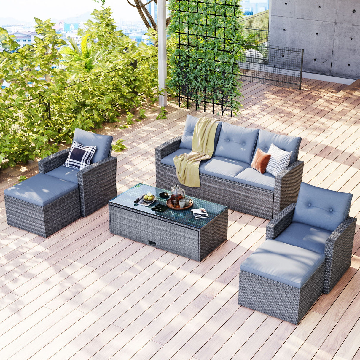 All-Weather Wicker PE Rattan Patio Outdoor Dining Conversation Sectional Set With Coffee Table, Wicker Sofas, Ottomans, Removable Cushions by Couch.com