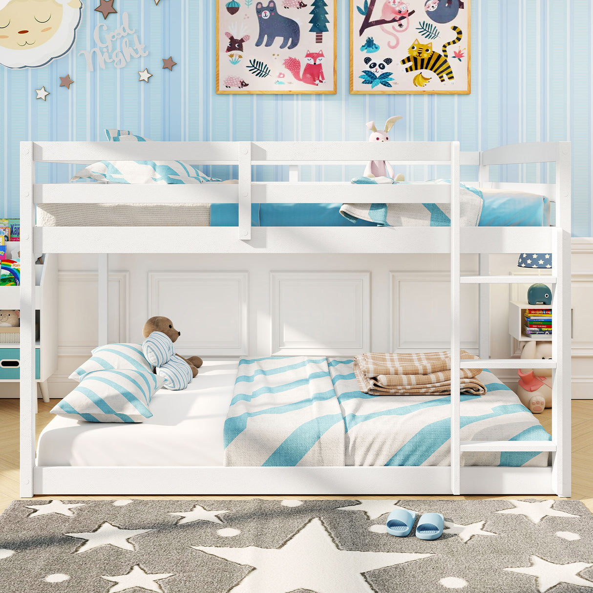 Full Over Full Bunk Bed Low-to-ground Bunk Bed-White