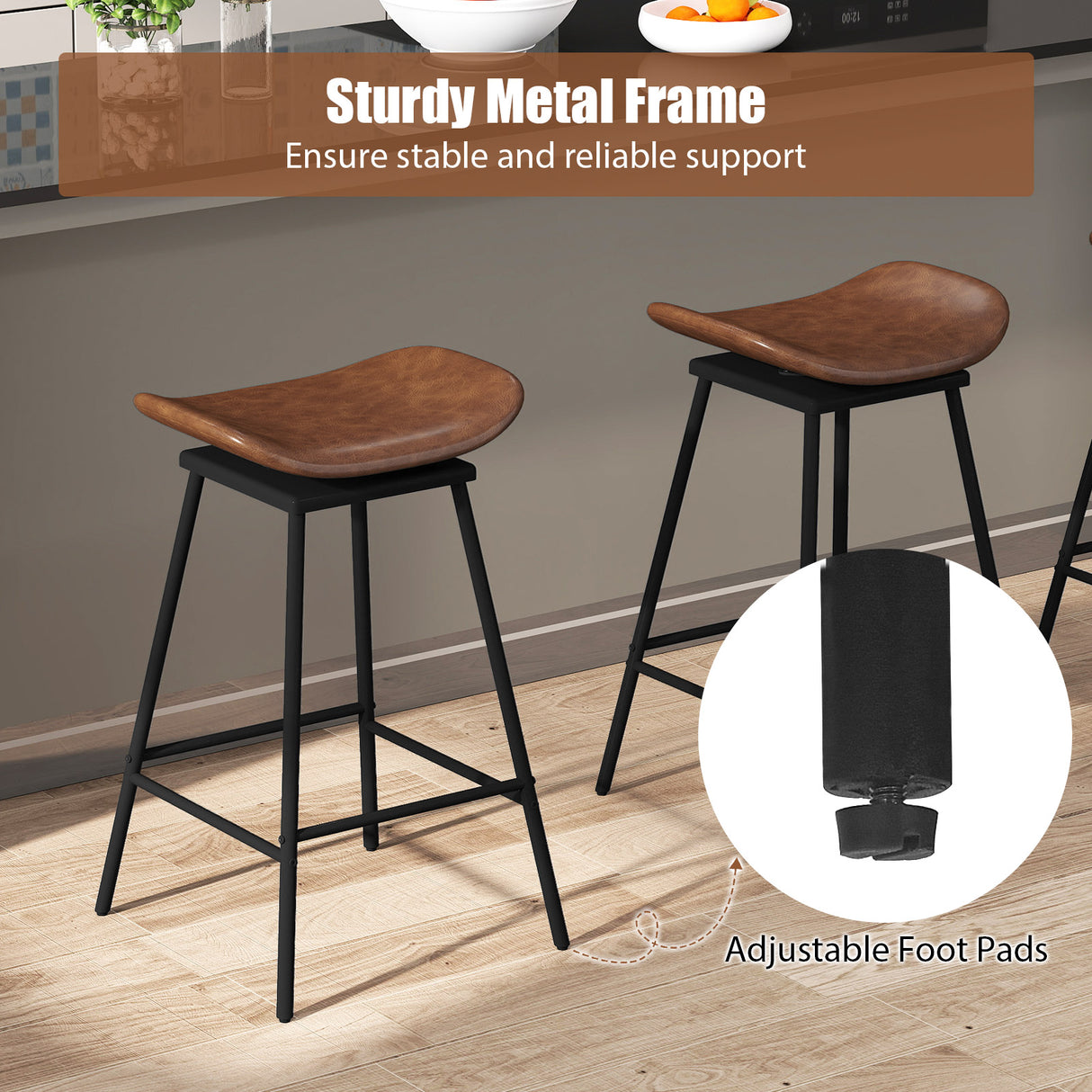 Set of 2 Swivel Barstools Faux Leather Upholstered Backless with Footrest-Brown