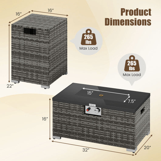 2-Piece Outdoor Rattan Fire Table Set 32 Inch Rectangle Gas Firepit with Tank Cover-Gray