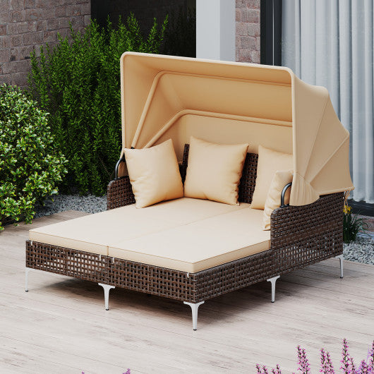Outdoor Daybed with Retractable Canopy PE Wicker Rattan Patio Lounger-Brown