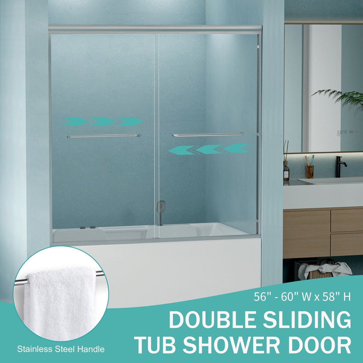 Double Sliding Bathtub Shower Door, Semi Frameless Bypass, 1 / 4" (6Mm) With Explosion - Proof Film, Adjustable Aluminum Alloy Frame by Couch.com