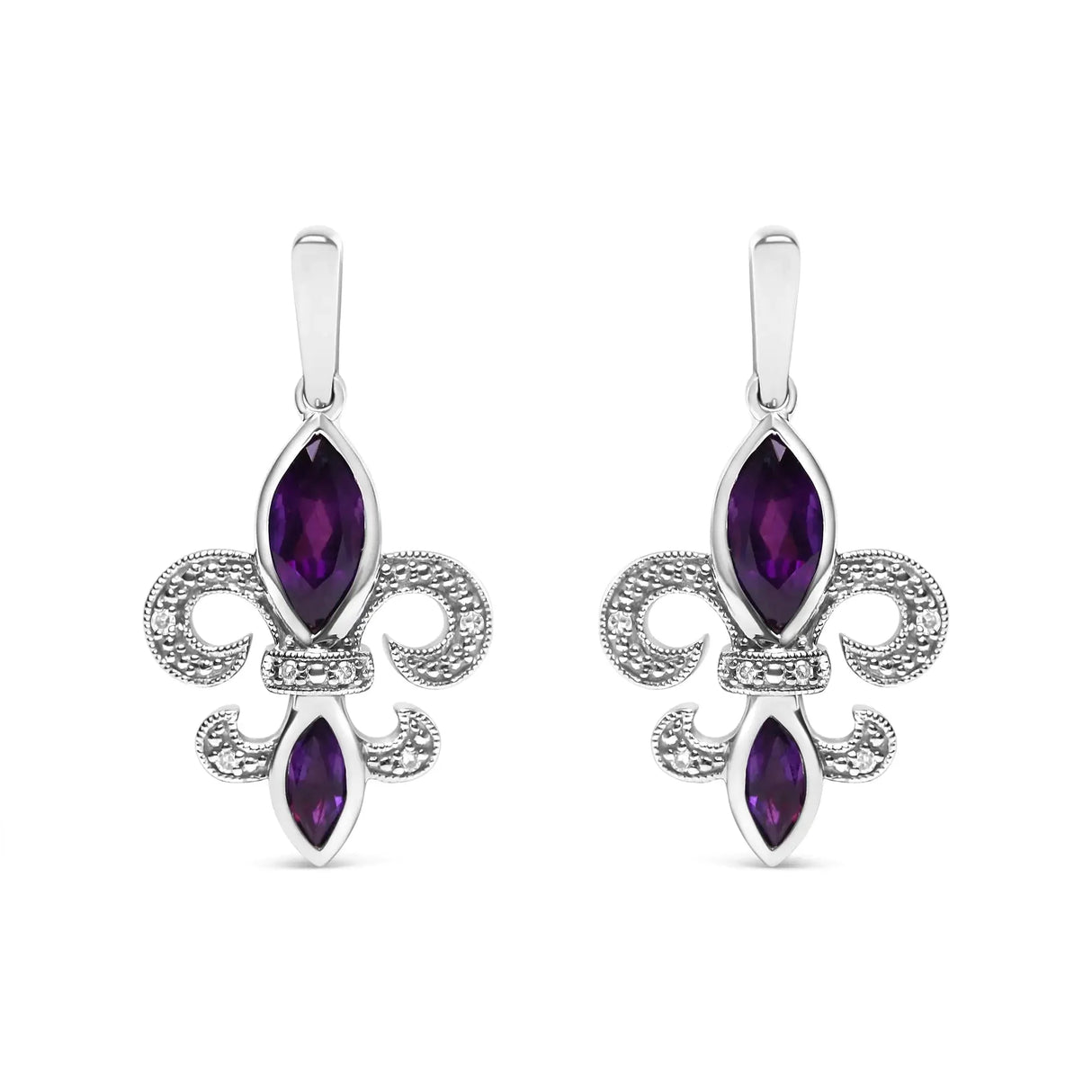 .925 Sterling Silver Marquise Cut Amethyst and Diamond Accent Fleur De Lis Dangle Stud Earrings (H-I Color, SI1-SI2 Clarity)
