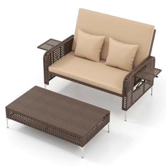 2 Piece Patio Rattan Daybed Wicker Loveseat and Ottoman with Adjustable Backrest-Brown