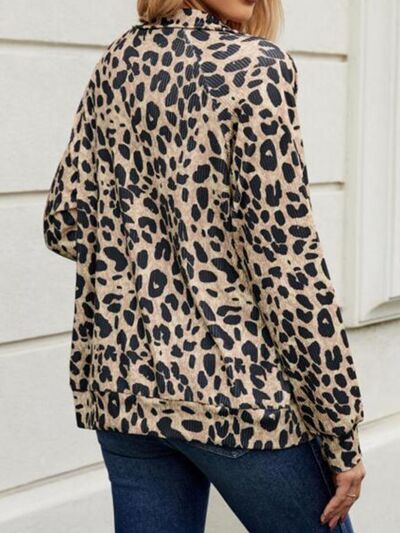 Modern Full Size Leopard Black White Collared Neck Zip Up Jacket Stylish & Comfortable Everyday Wear